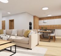 Innenraum eines Einfamilienhauses mit cremefarbenem Sofa und Küche, Boden mit Holzdekor.