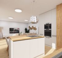 Küche und Wohnzimmer mit Holzboden in einem Einfamilienhaus.
