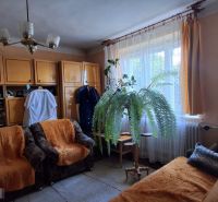Wohnzimmer mit Sofas, Vorhängen und einer Pflanze in einem Einfamilienhaus.