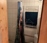 Badezimmer in der Hütte mit gefliester Wand, Vorhang und Heizelement.