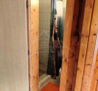 Badezimmer in der Hütte mit einem Türrahmen aus Holz und einem orangefarbenen Teppich.