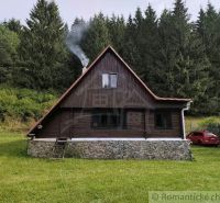 Eine Hütte in Rajecká Lesná, umgeben von Wald, mit einem Auto auf der Grasfläche.
