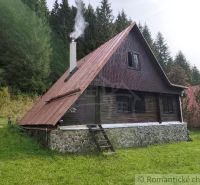 Eine Hütte in Rajecká Lesná, umgeben von Wald, mit Rauch aus dem Schornstein.