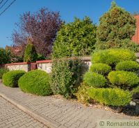 Ein Einfamilienhaus in Bernolákovo mit einem gepflegten Garten und einer Steinmauer.