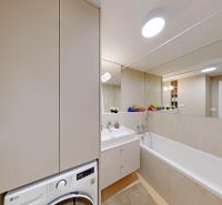 Badezimmer in einer 2-Zimmer-Wohnung mit Badewanne, Waschmaschine und Spiegel, einfaches Design.