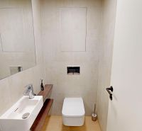 Badezimmer in einer 2-Zimmer-Wohnung mit Waschbecken und Boden in Holzoptik.