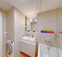 Das Badezimmer in der 2-Zimmer-Wohnung mit modernem Waschtischunterschrank und Waschmaschine wirkt gemütlich.