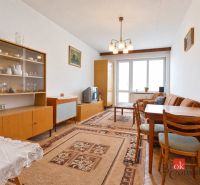 Wohnzimmer einer 2-Zimmer-Wohnung mit Retro-Möbeln, Teppich und Glasvitrine.