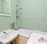 Badezimmer mit Badewanne, weißem Waschbecken, Spiegel und Waschmaschine in einer 2-Zimmer-Wohnung.