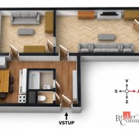 Grundriss einer 2-Zimmer-Wohnung mit Holzboden und ausgestatteter Küche.