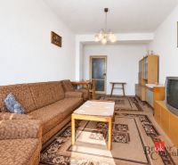 Wohnzimmer mit braunem Sofa, Couchtisch und Fernseher in einer Zweizimmerwohnung.
