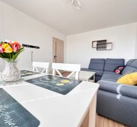 Wohnzimmer in einer 3-Zimmer-Wohnung mit Holzboden und einer bequemen Couch.