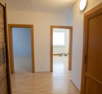 Der Flur in der 3-Zimmer-Wohnung mit einem Boden in Holzoptik und hellen Türen.
