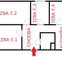 Grundriss einer 3-Zimmer-Wohnung mit Flur und Küche.