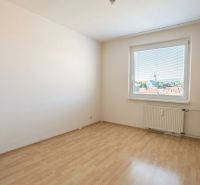 Zimmer in einer 3-Zimmer-Wohnung, Boden mit Holzdekor, großes Fenster mit Aussicht.