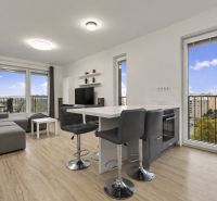 Wohnzimmer mit Küchenzeile und Holzboden in einer 2-Zimmer-Wohnung.