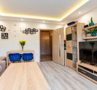 Innenraum einer 3-Zimmer-Wohnung mit Holzboden, Fernseher und Esstisch.