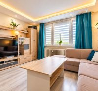 Wohnzimmer mit Sofa, Fernseher und Holzboden in einer 3-Zimmer-Wohnung.