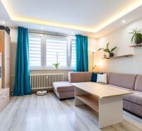 Wohnzimmer in einer 3-Zimmer-Wohnung mit Holzboden und blauen Vorhängen.