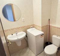 Badezimmer in einem Einzimmerapartment mit Waschbecken, Waschmaschine und Toilette.