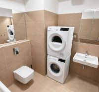 Badezimmer einer Zweizimmerwohnung mit Dusche, Waschbecken, Toilette und Waschmaschine mit Trockner.