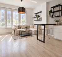 Wohnzimmer mit Küche, Sofa und Holzboden in einer Zweizimmerwohnung.