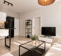 Helles Wohnzimmer in einer 2-Zimmer-Wohnung mit Holzdekorboden, weißen Schränken und Sofa.