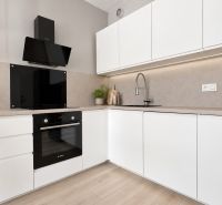 Küche in einer 2-Zimmer-Wohnung mit weißen Schränken und einem Boden in Holzoptik.