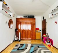 Ein Zimmer in einer 3-Zimmer-Wohnung mit Teppich, Spielzeug und einem Schrank mit Holzdekor.