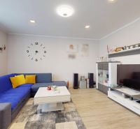 Wohnzimmer in einem Einfamilienhaus mit einem blauen Sofa und einem Boden in Holzoptik.