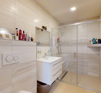 Badezimmer mit Waschbecken, Duschkabine und Regal in einem Einfamilienhaus.