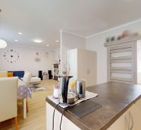 Innenraum eines Einfamilienhauses mit Küchentheke, Tisch und Sofa; Boden mit Holzdekor.