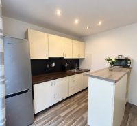 Küche mit Holzboden, hellen Schränken und Kühlschrank in einer Einzimmerwohnung.