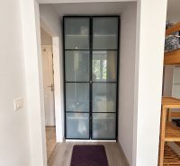 Ein enger Flur mit Holzboden und einem Einbauschrank in einer Einzimmerwohnung.