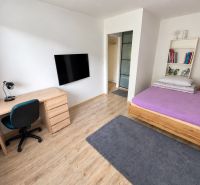 Innenraum einer Einzimmerwohnung mit Tisch, Fernseher und Bett, Boden mit Holzdekor.