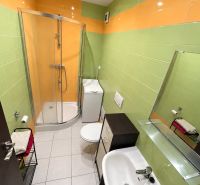 Badezimmer mit bunten Fliesen und Duschkabine in einer Einzimmerwohnung.