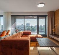Wohnzimmer mit orangefarbenem Sofa, Esstisch und Blick auf die Stadt. Wohnungsbau.