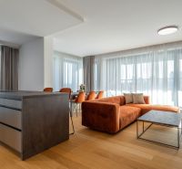 Wohnzimmer mit einem orangefarbenen Sofa, einem Boden in Holzoptik und einem Tisch im Wohnzimmer.