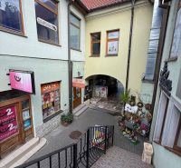 Die Treppe führt zu Geschäftsräumen im historischen Zentrum von Topoľčany, umgeben von Geschäften.