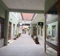 Ein Durchgang mit Geschäftsräumen in Topoľčany mit Bäumchen und Schildern an den Gebäuden.