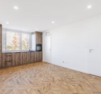 Wohnzimmer in einer 2-Zimmer-Wohnung mit Küchenzeile und Holzboden.