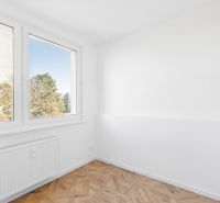 Ein Zimmer mit hellen Wänden und einem Boden in Holzoptik, 2-Zimmer-Wohnung.