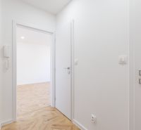 Der Flur in einer 2-Zimmer-Wohnung mit einem Boden in Holzoptik und weißen Wänden.