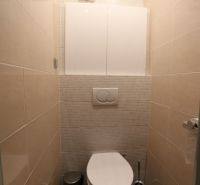 Badezimmer mit hängender Toilette und Fliesen in einer 2-Zimmer-Wohnung.