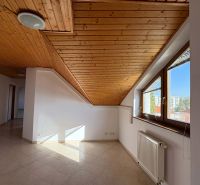 3-Zimmer-Wohnung mit Holzbalkendecke, Fliesenboden, Licht, das durch ein großes Fenster dringt.