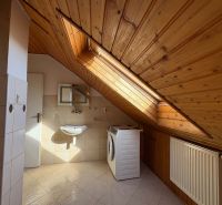 Badezimmer mit Holzbodenoptik und Dachfenster in einer 3-Zimmer-Wohnung.