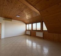Ein Dachzimmer in einer 3-Zimmer-Wohnung mit Holzverkleidung und Fliesenboden.
