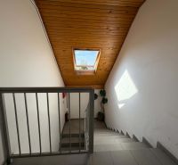 Eine Treppe mit Holzdecke und Dachfenster in einer 3-Zimmer-Wohnung.