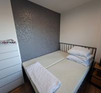 Schlafzimmer in einer Einzimmerwohnung mit dunkler Wand und Boden in Holzoptik.