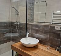 Badezimmer in einer Einzimmerwohnung mit Waschbecken und Dusche, Boden mit Holzdekor.